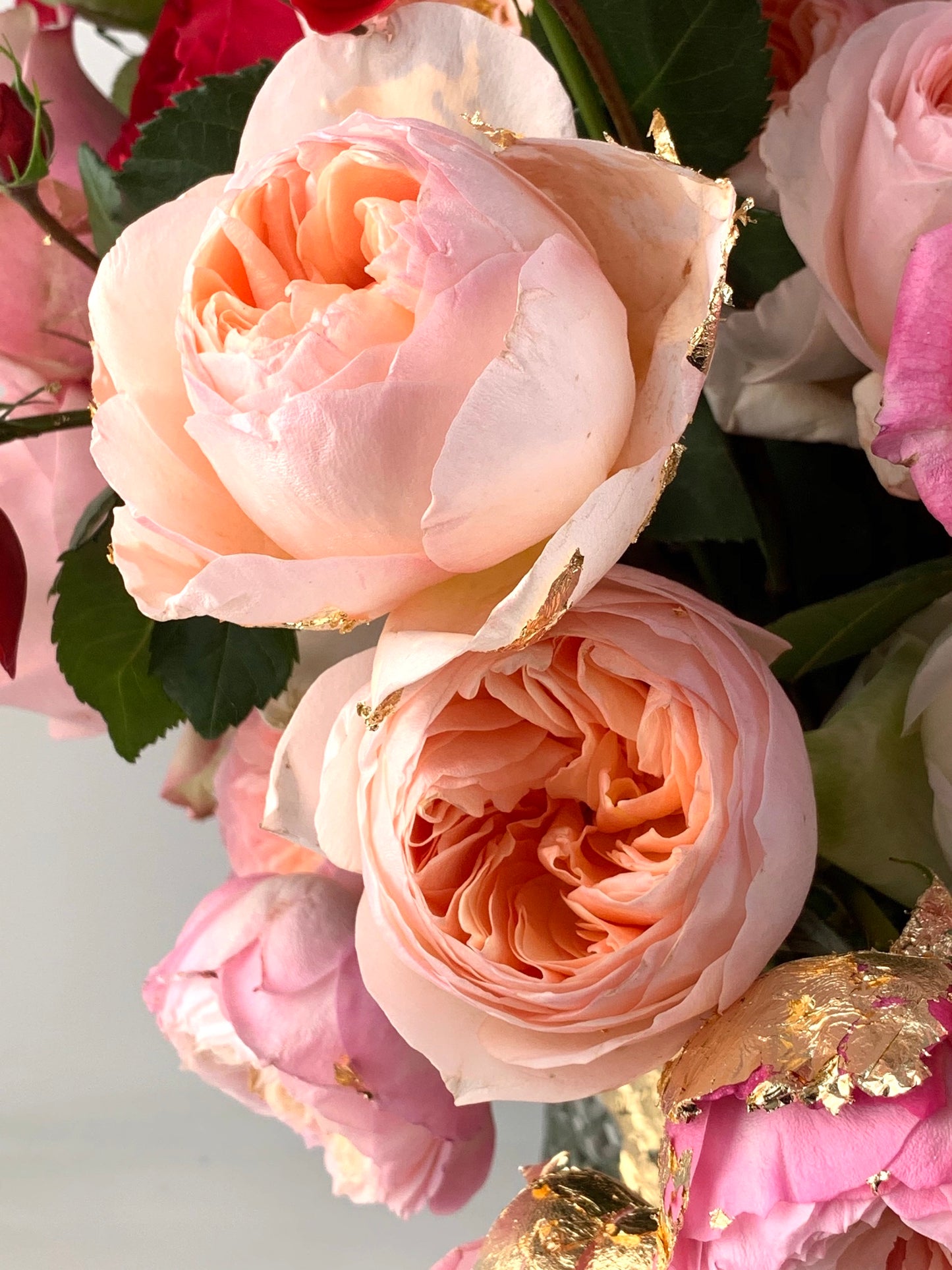 Treasured Love – Valentine’s Arrangement with Delicate Golden Leaves on Elegant Garden Roses