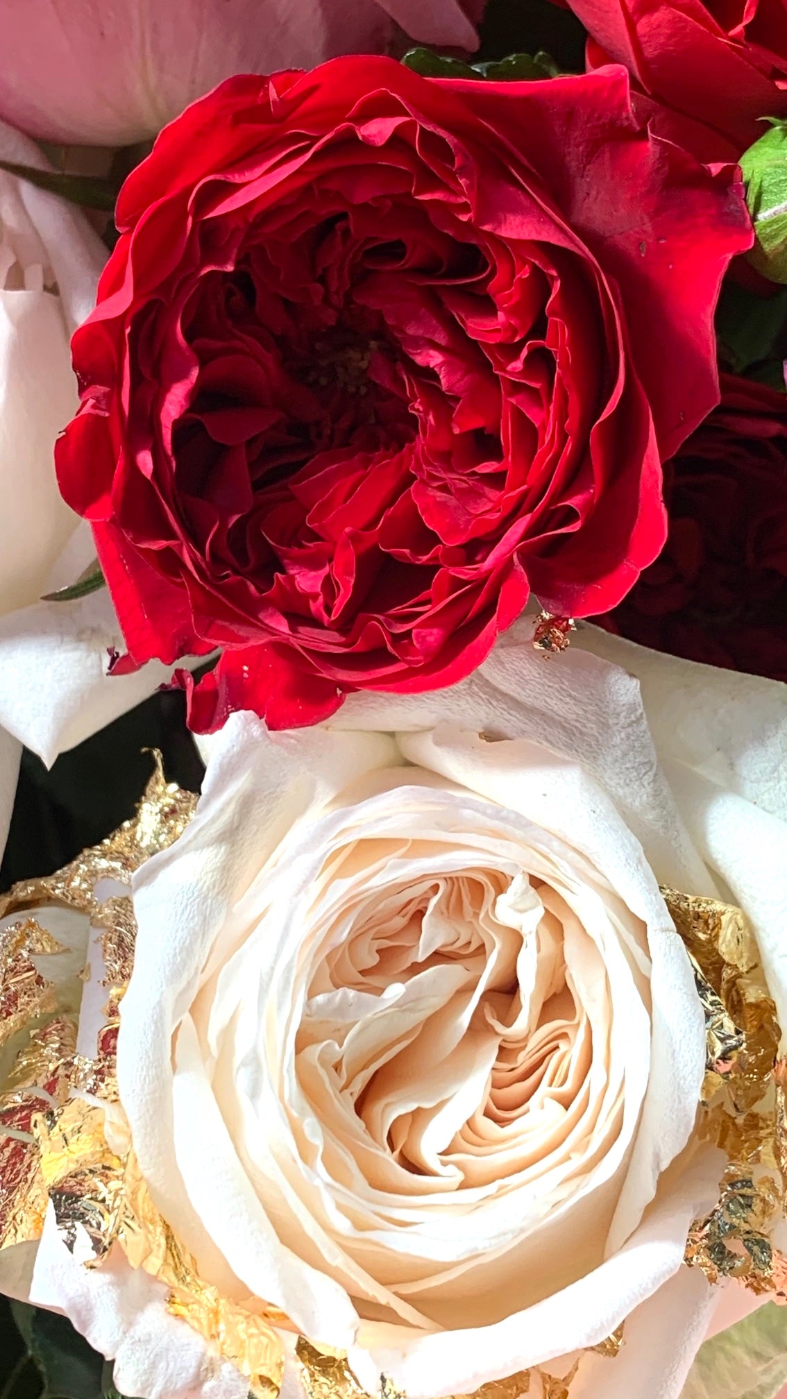 Treasured Love – A Valentine’s Arrangement with Intricate Gold-Dusted Leaves on Elegant Roses