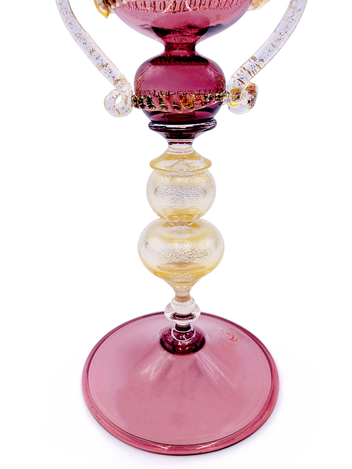 A High-Quality Murano Borgogna Glass Vase In Pink And Gold On A White Background By TAKAYA SATO