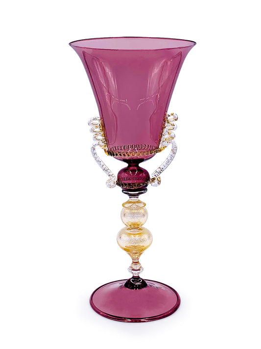 A Purple Murano Borgogna Goblet Adorned With Pearls Showcasing High-Quality Craftsmanship From TAKAYA SATO