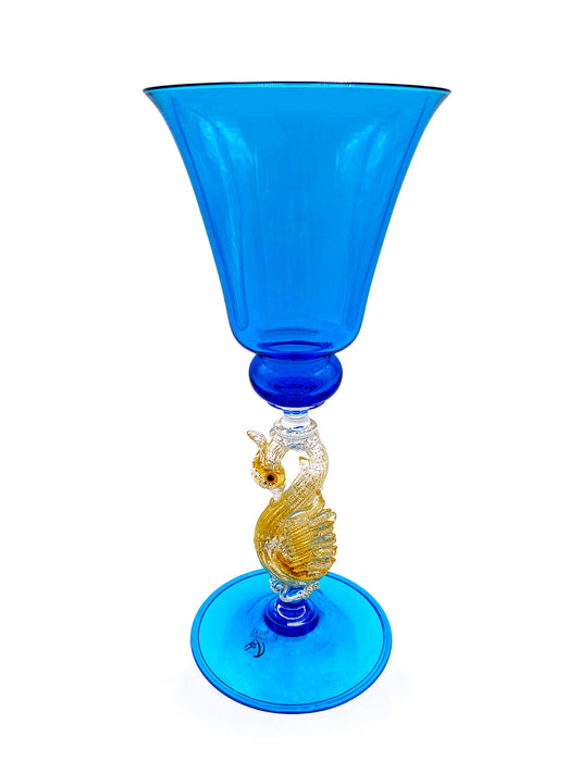 This Handcrafted Blue Murano Domino Turchese Goblet Features A Gold Swan Design, Evoking The Elegance Of Venice By TAKAYA SATO