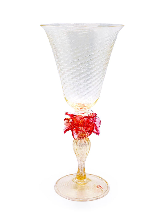A Handcrafted Murano Fiore Rubino Glass With A Red Bow On It, Made By TAKAYA SATO In Venice