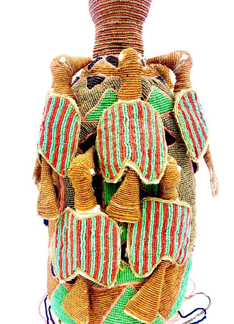 A Orange Yoruba King Crown with a green, red, and white pattern. Beaded. Africa by TAKAYASATO.COM