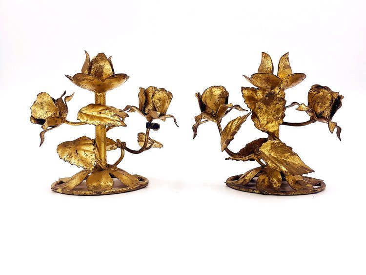 A pair of Brass Candle Holders with leaves on them by TAKAYASATO.COM