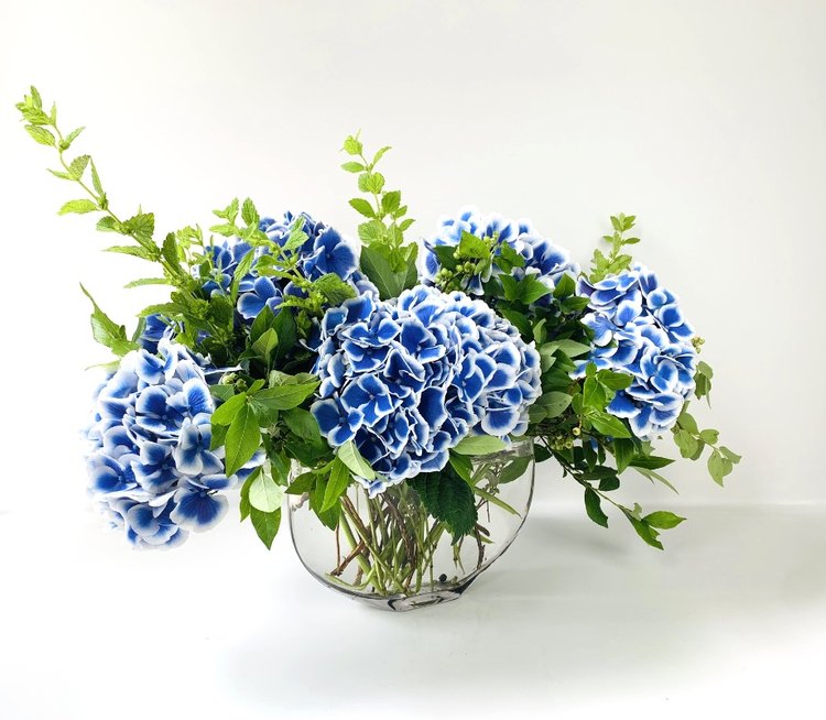 Blue MONOFLOWER hydrangeas arranged in a glass vase from TAKAYASATO.COM exude an elegant presence.