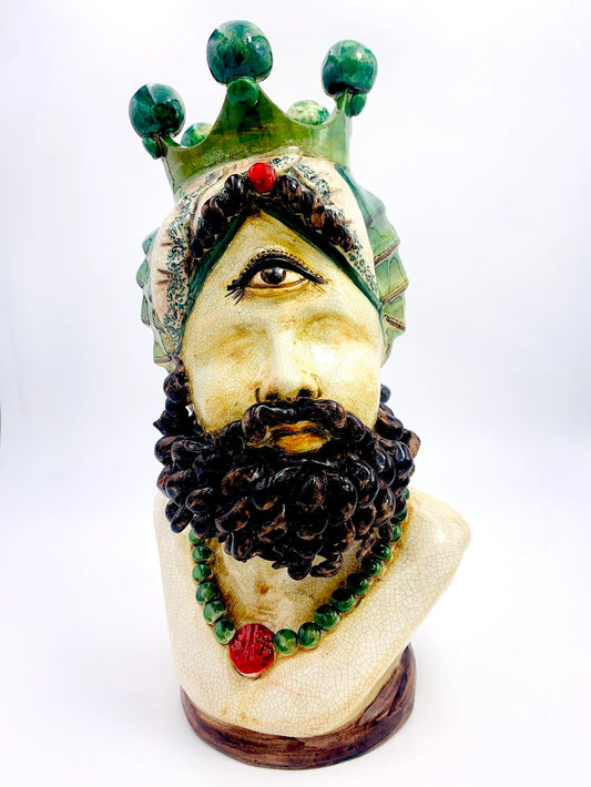 A bust of a man with a beard and a crown by TAKAYASATO.COM, hand made vase, Ceramic. Sicily, Italy