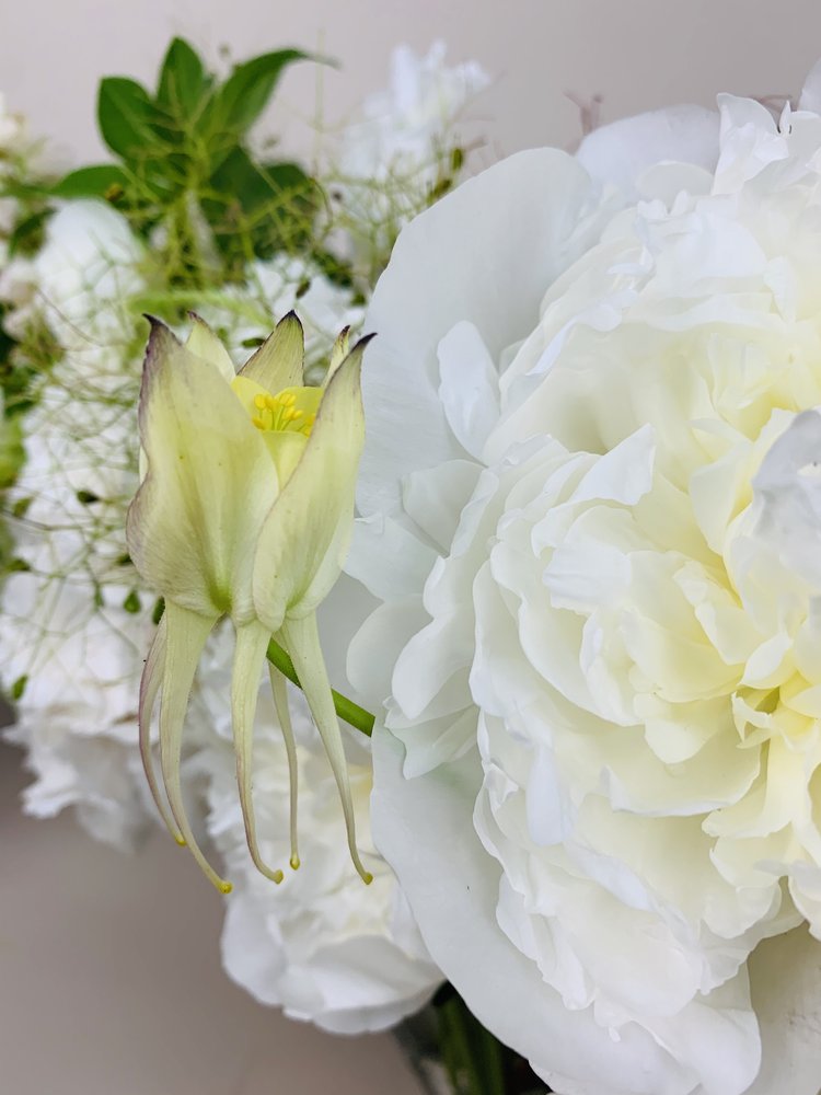 Arrangement of WHITE, GREEN & HERBS peonies and greenery in a vase from TAKAYASATO.COM.