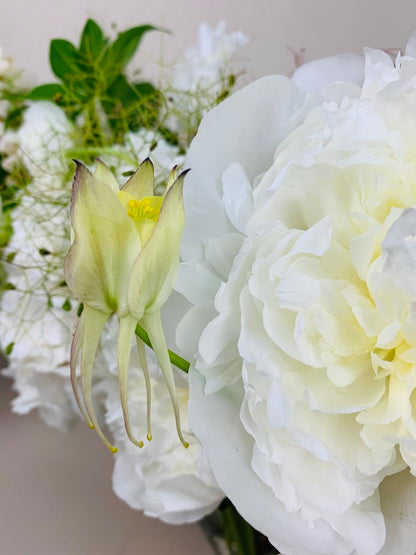 Arrangement of WHITE, GREEN & HERBS peonies and greenery in a vase from TAKAYASATO.COM.