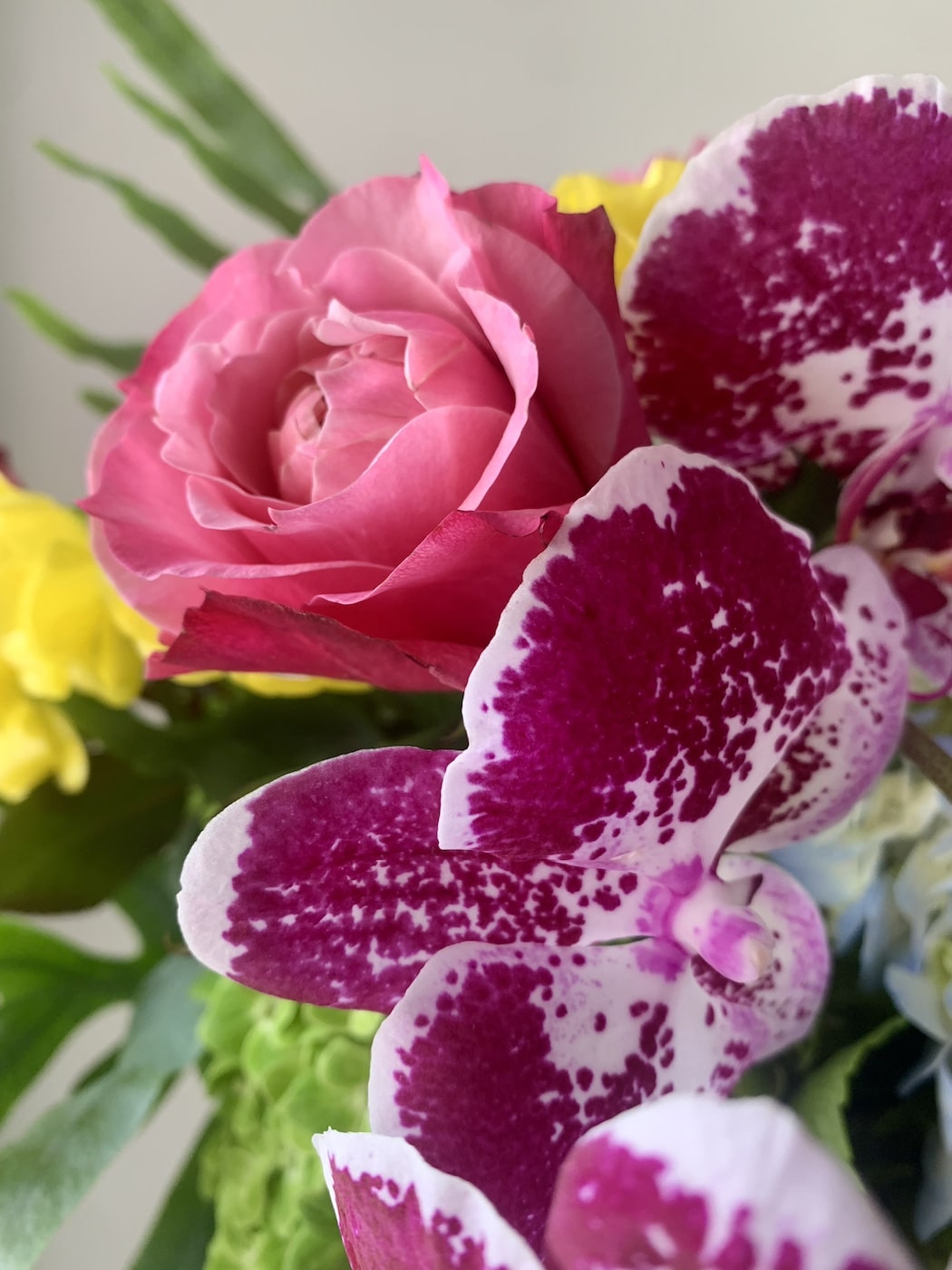 Luxury floral bouquet with yellow flowers, a pink rose, and pink orchids.