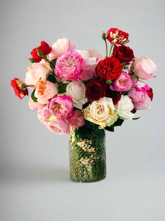 Treasured Love - An Elegant Valentine’s arrangement with golden leaves and garden roses