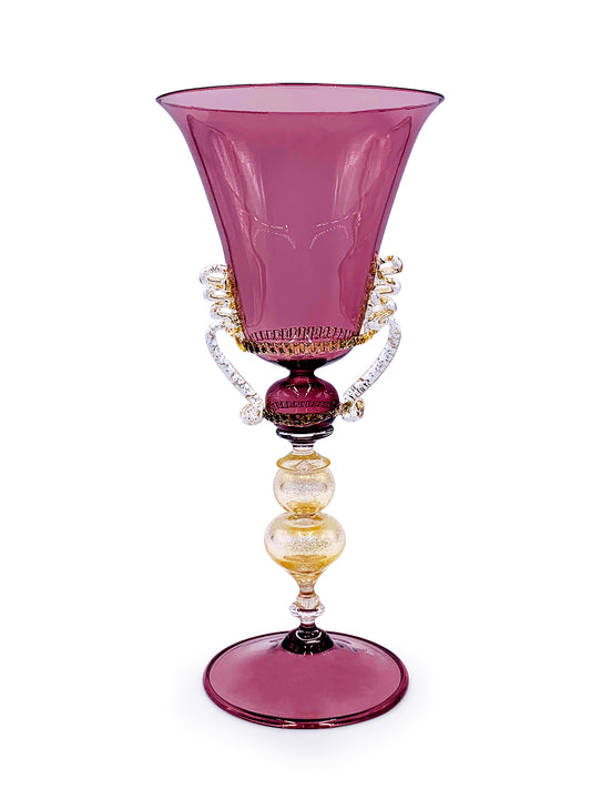 A purple Murano Borgogna goblet adorned with pearls showcasing high-quality craftsmanship from TAKAYASATO.COM.