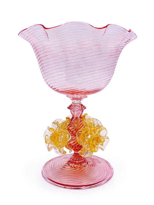 A handcrafted red and yellow Murano Coppetta Rosa bowl on a pedestal by TAKAYASATO.COM.