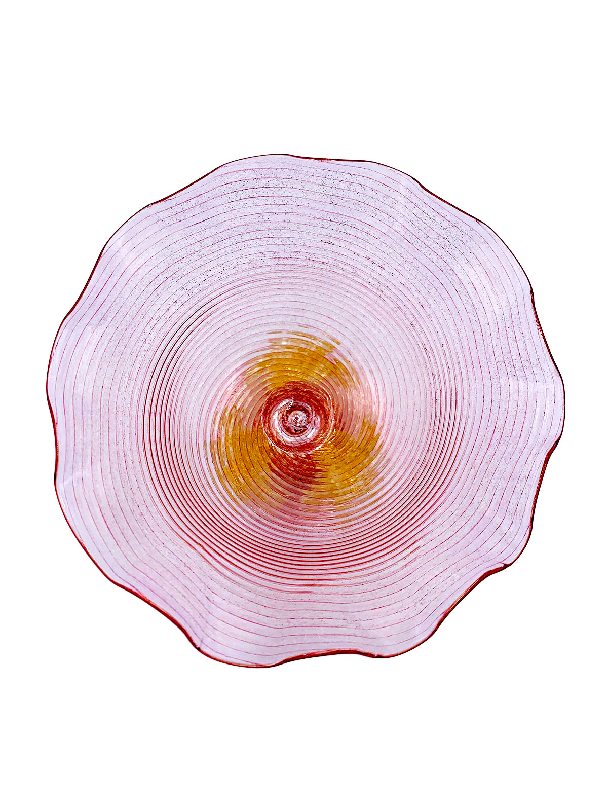 A handcrafted Murano Coppetta Rosa plate with a red and yellow design from TAKAYASATO.COM.