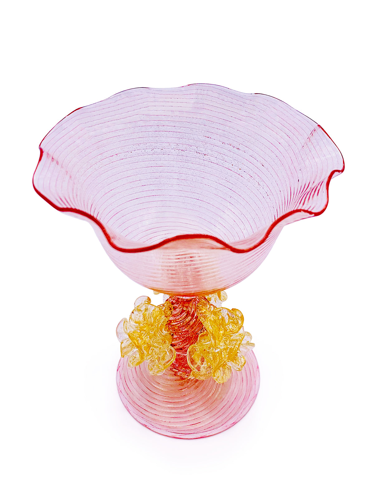 A handcrafted Murano Coppetta Rosa glass bowl on a pedestal, made in Venice by TAKAYASATO.COM.