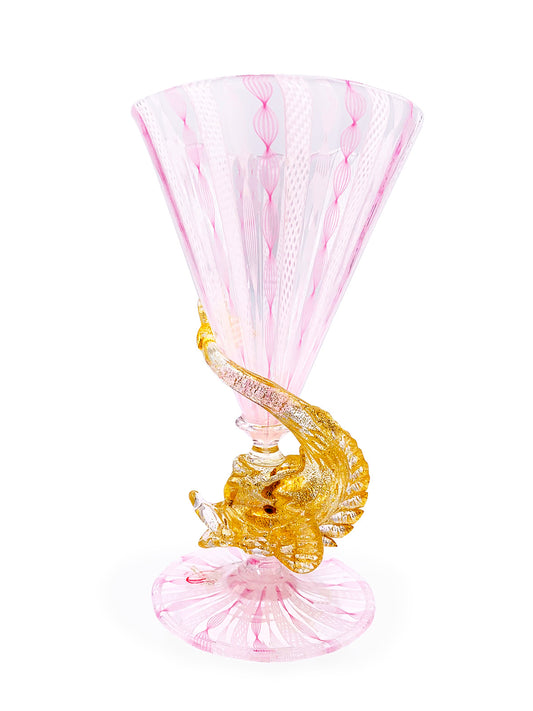 A handcrafted Murano Delfino D'Oro glass vase with a dragon on it, made in Italy by TAKAYASATO.COM.