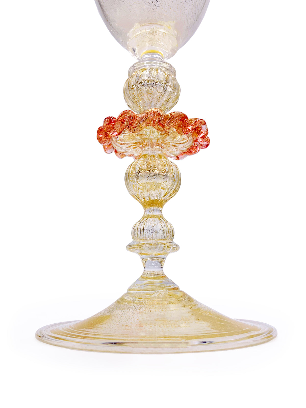 A Murano Merletto Rosa goblet from TAKAYASATO.COM on a white background showcases high-quality craftsmanship.