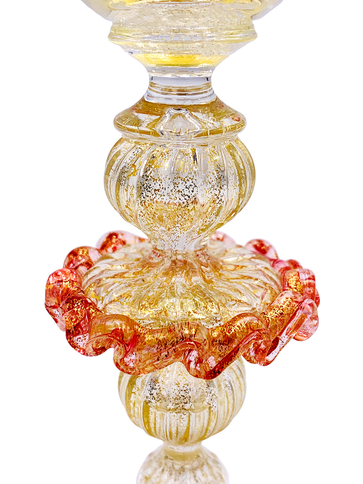 A high-quality Murano Merletto Rosa glass candle holder with a red and yellow design inspired by Venice by TAKAYASATO.COM.