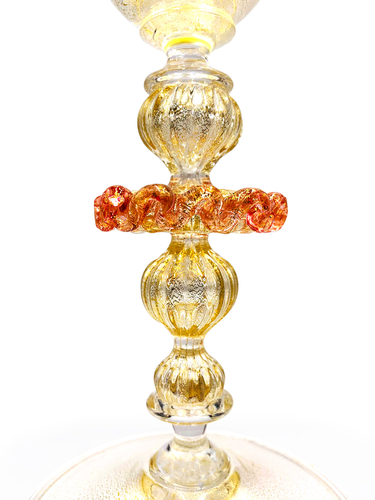 A Murano Merletto Rosa goblet from TAKAYASATO.COM adorned with gold and orange beads, showcasing high-quality craftsmanship.