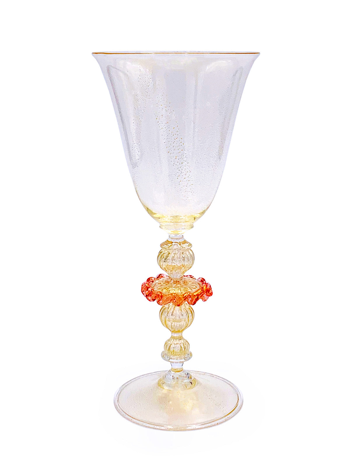 A clear glass wine glass with a red and yellow Murano Merletto Rosa bead showcasing high-quality craftsmanship from Venice by TAKAYASATO.COM.