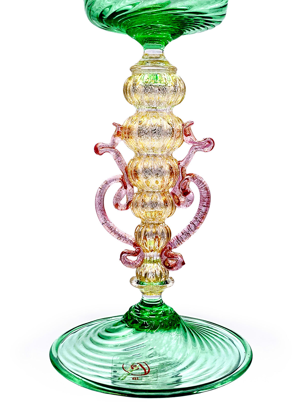 A handcrafted green and pink Murano Smeraldo glass vase on a stand by TAKAYASATO.COM.