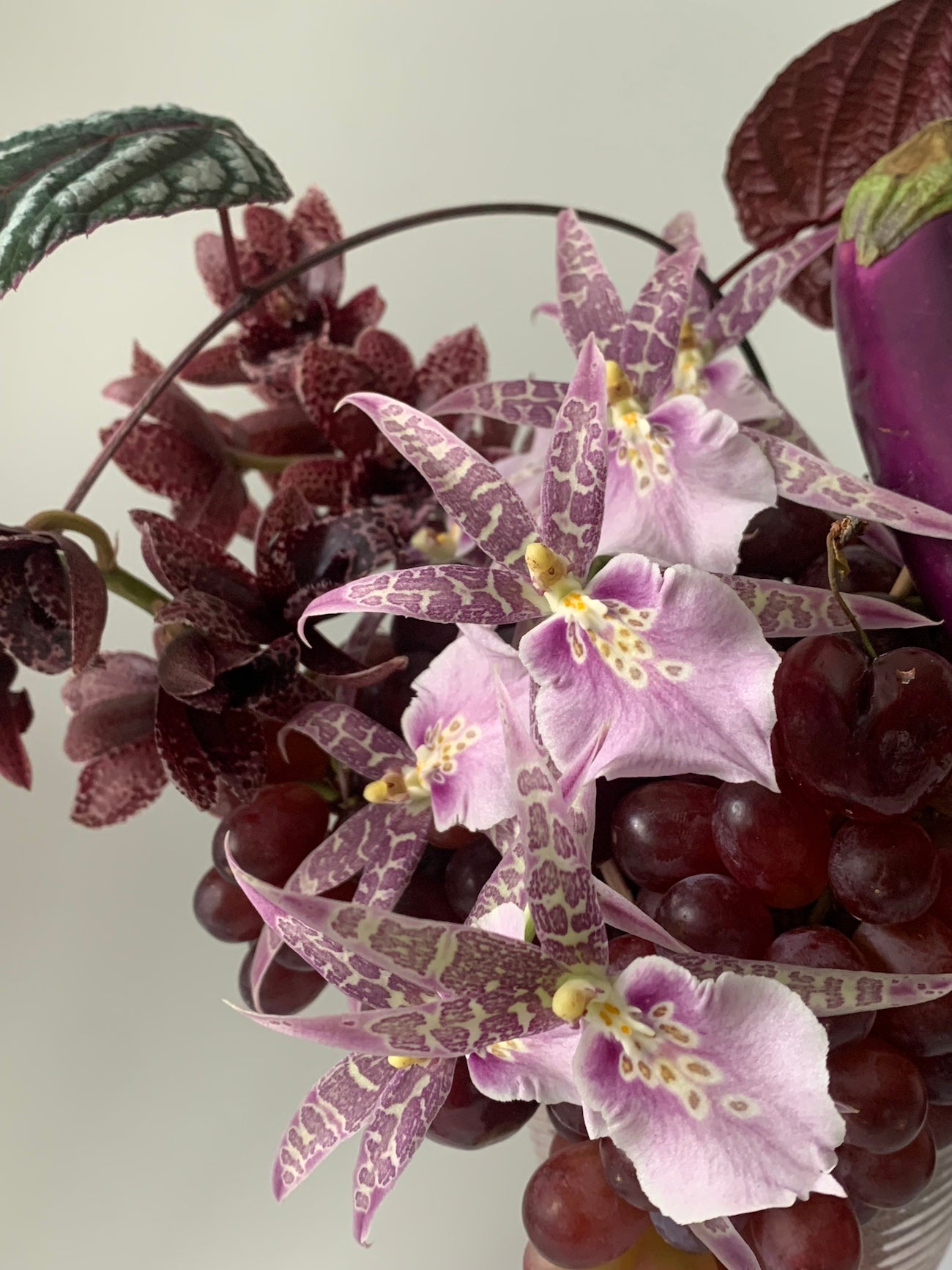 A TAKAYASATO.COM custom arrangement of purple orchids and grapes in a vase.